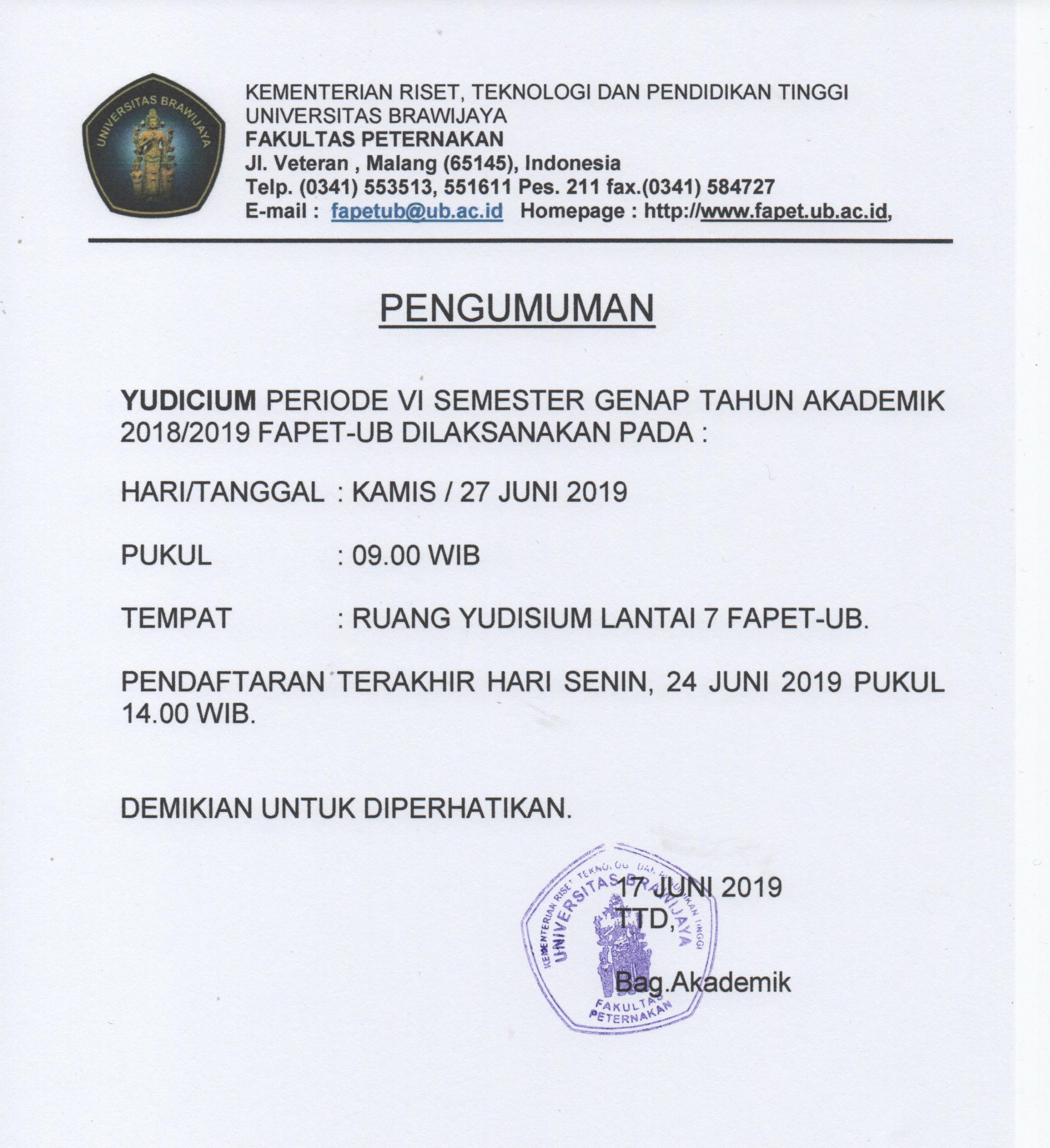 Pendaftaran Yudisium Periode VI Tahun Akademik 2018/2019