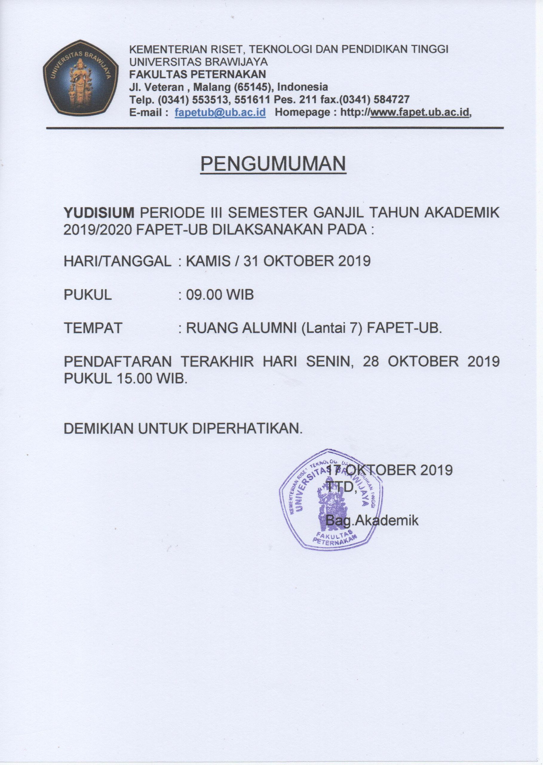 Pengumuman Pendaftaran Yudisium Periode Oktober 2019