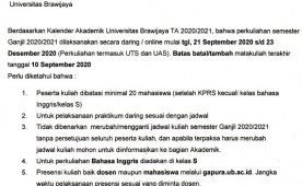 Jadwal Kuliah Program Sarjana Semester Ganjil TA 2020/2021