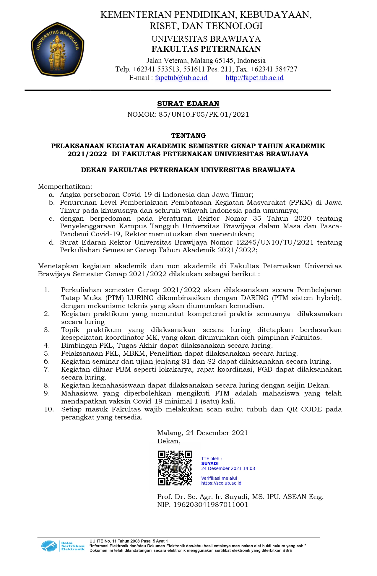 Surat Edaran Pelaksanaan Kegiatan Akademik Semester Genap TA.2021/2022 di Fakultas Peternakan Universitas Brawijaya
