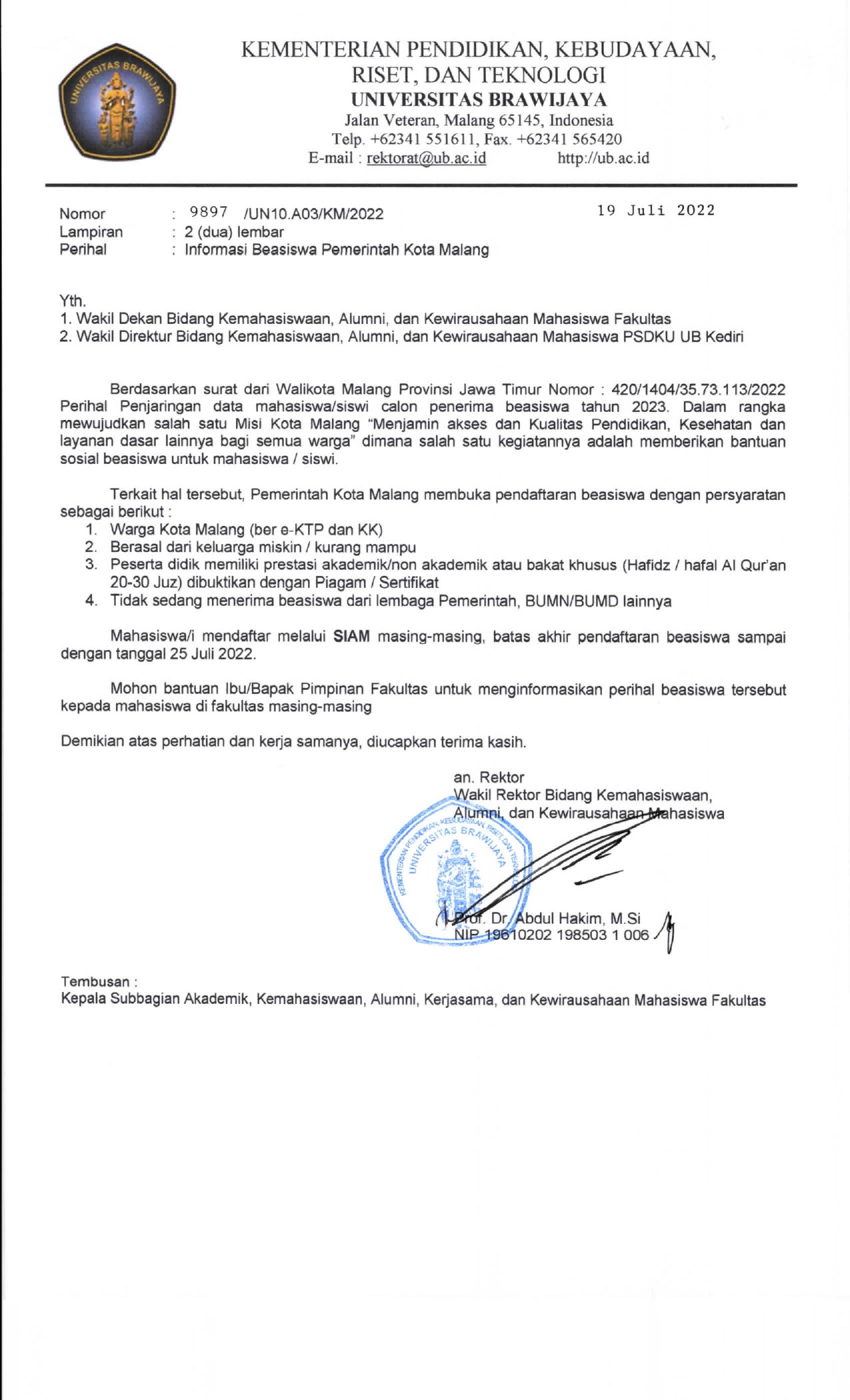 Scholarship from Government of Malang City