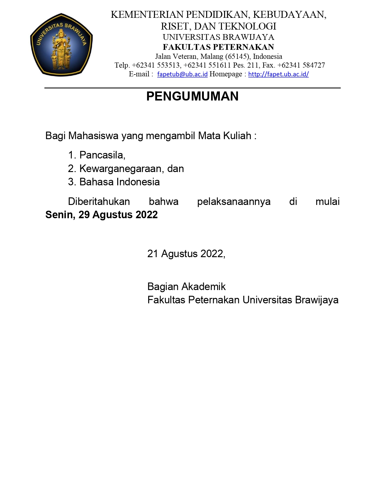 (Indonesia) Pelaksanaan Perkuliahan MK Pancasila, Kewarganegaraan, dan Bahasa Indonesia