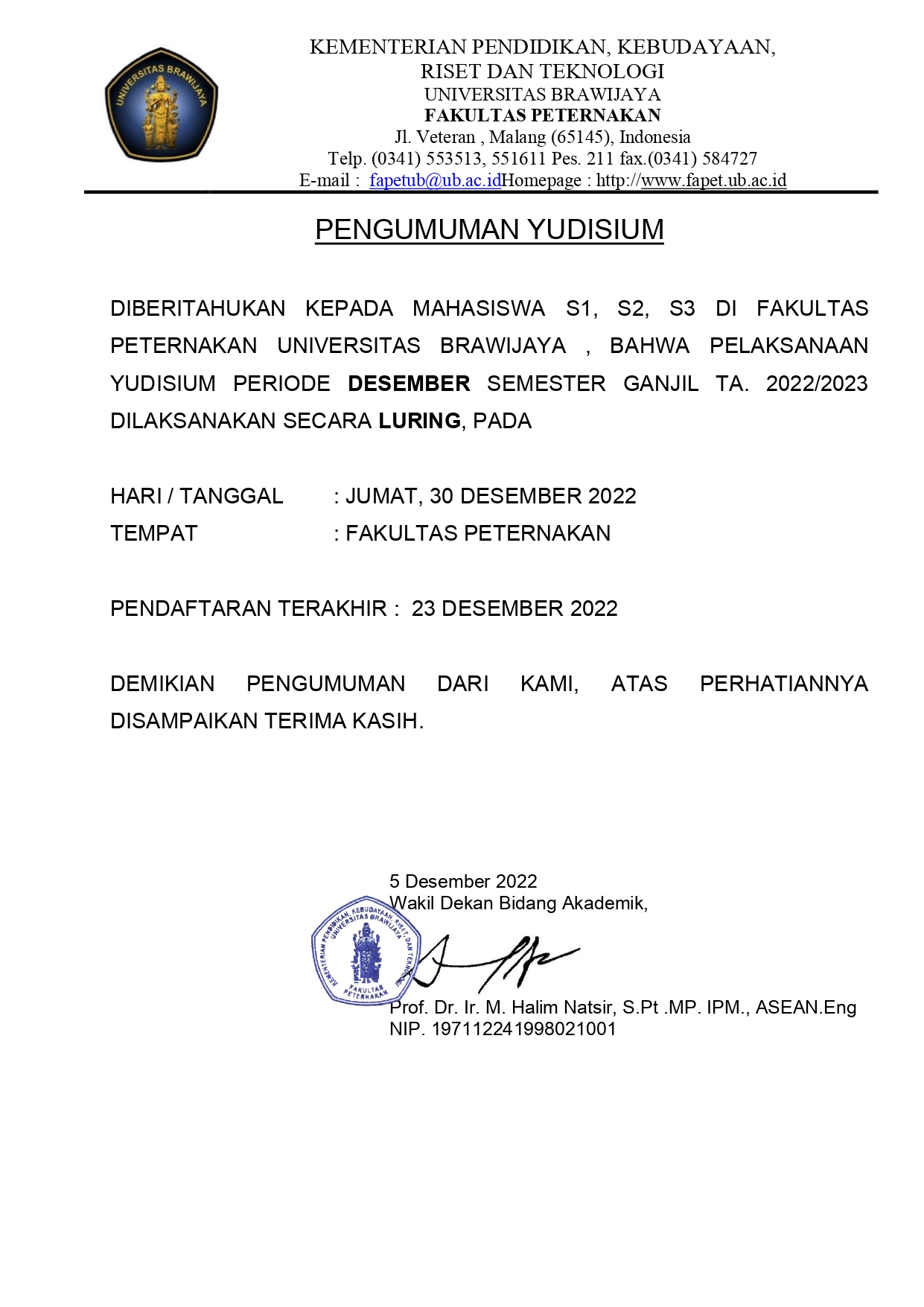 Pengumuman Pelaksanaan Yudisium Periode Desember 2022