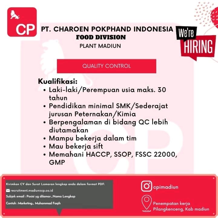 Job Vacancy at PT. Charoen Pokphand Indonesia