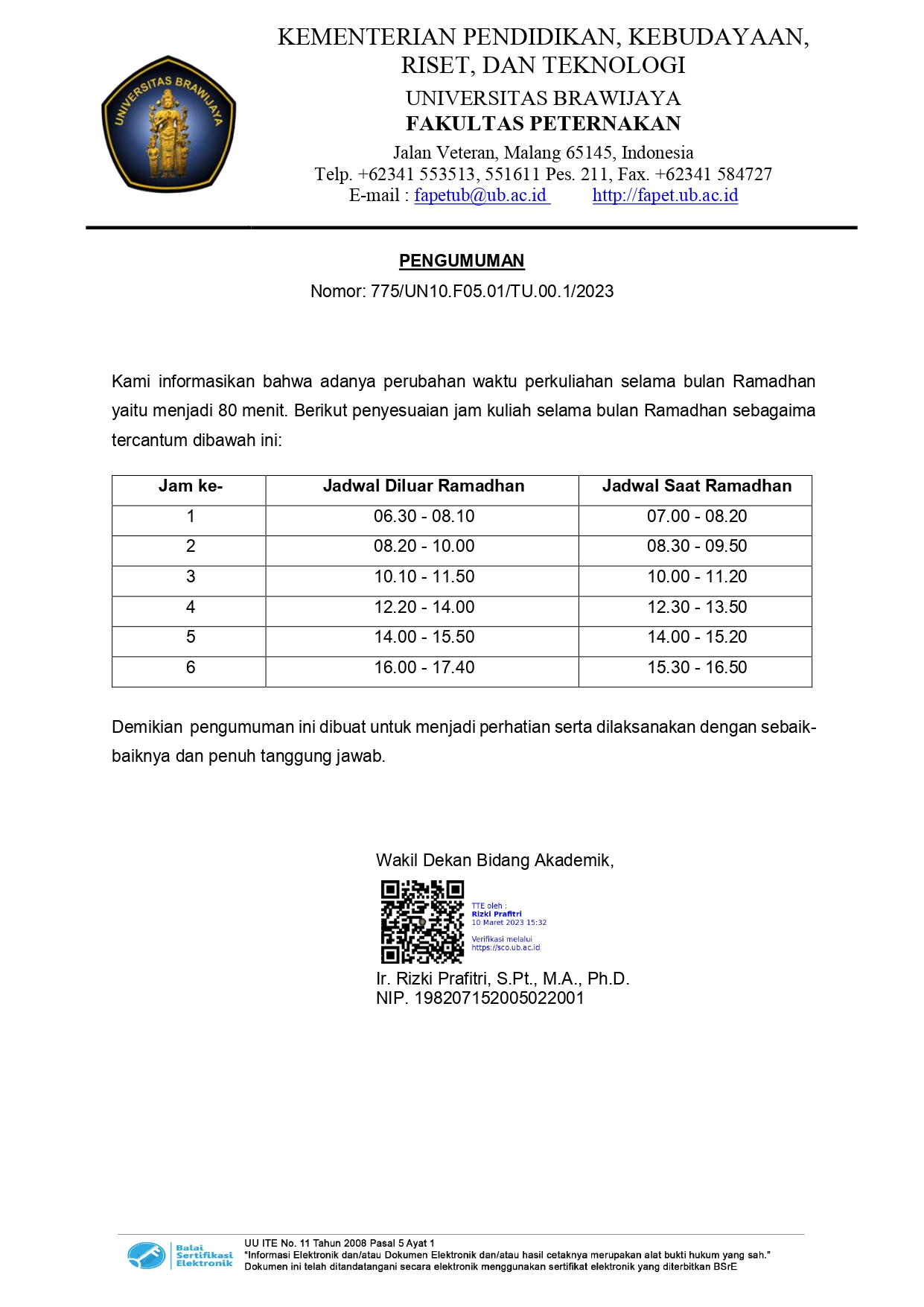 Class Schedule during Ramadan 2023