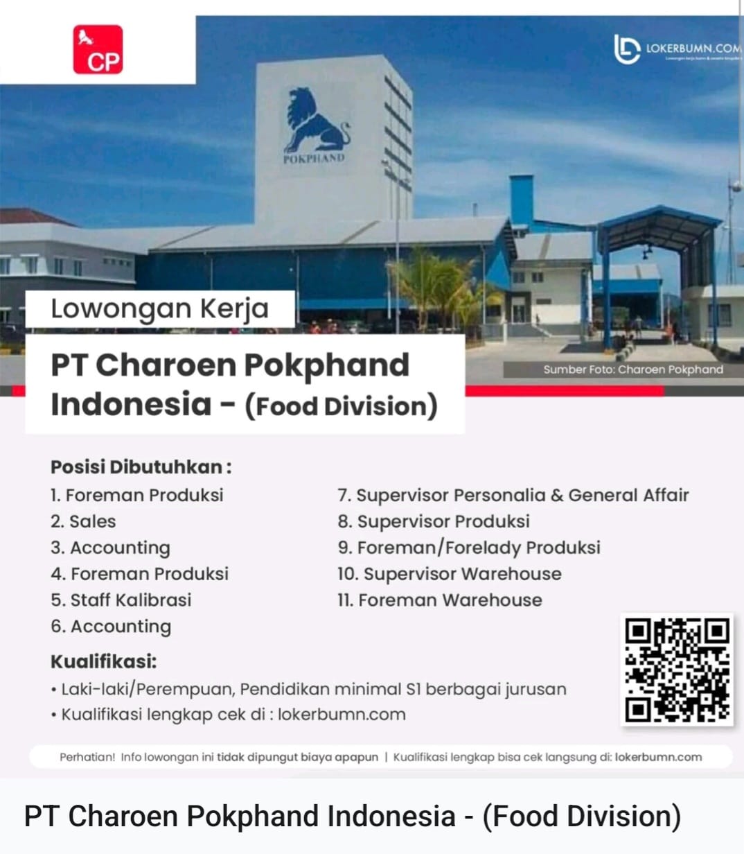 Job Vacancy at PT. Charoen Pokphand Indonesia (Food Division)