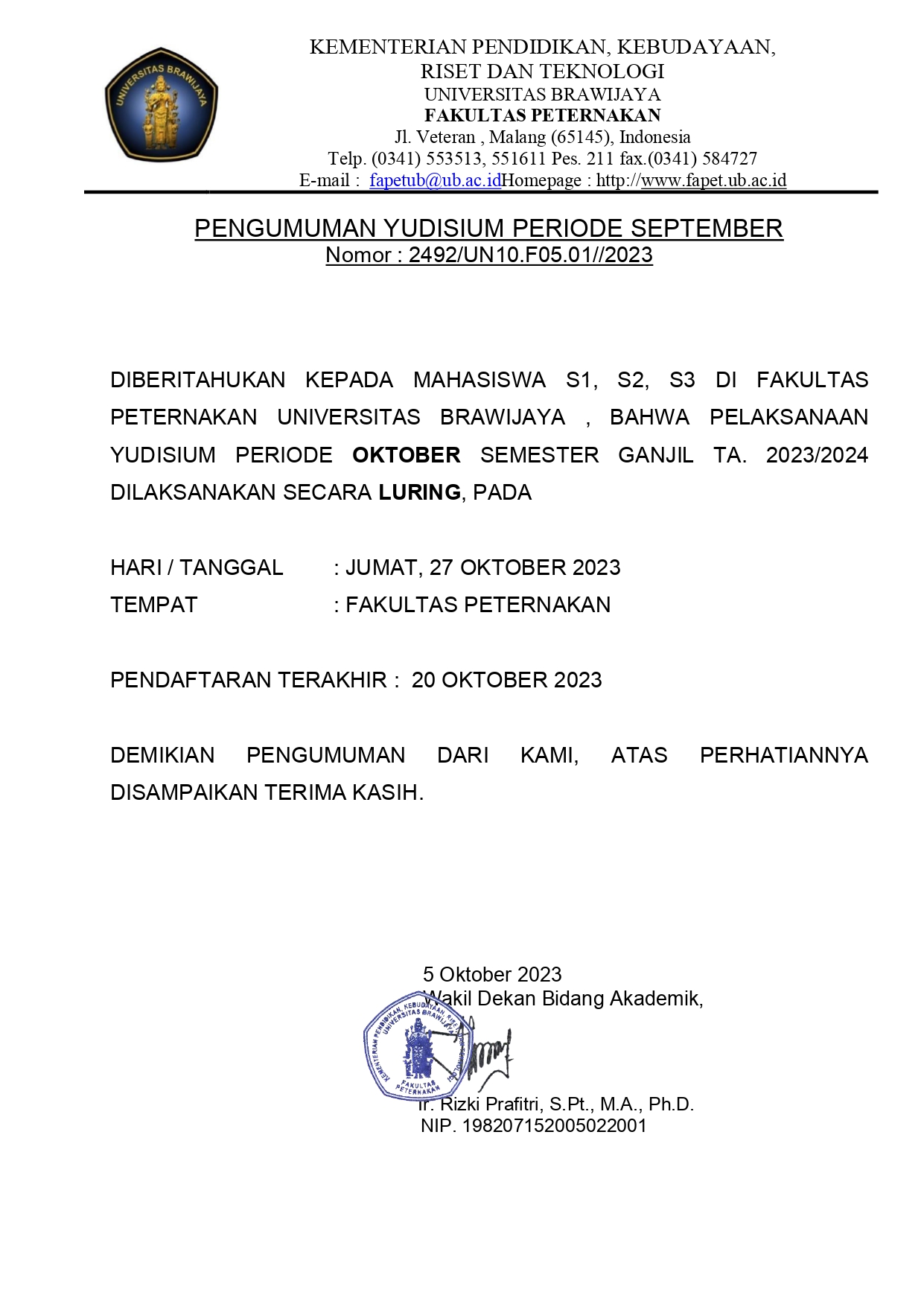(Indonesia) Pengumuman Yudisium Sarjana, Magister, dan Doktor Ilmu Ternak Bulan Oktober 2023