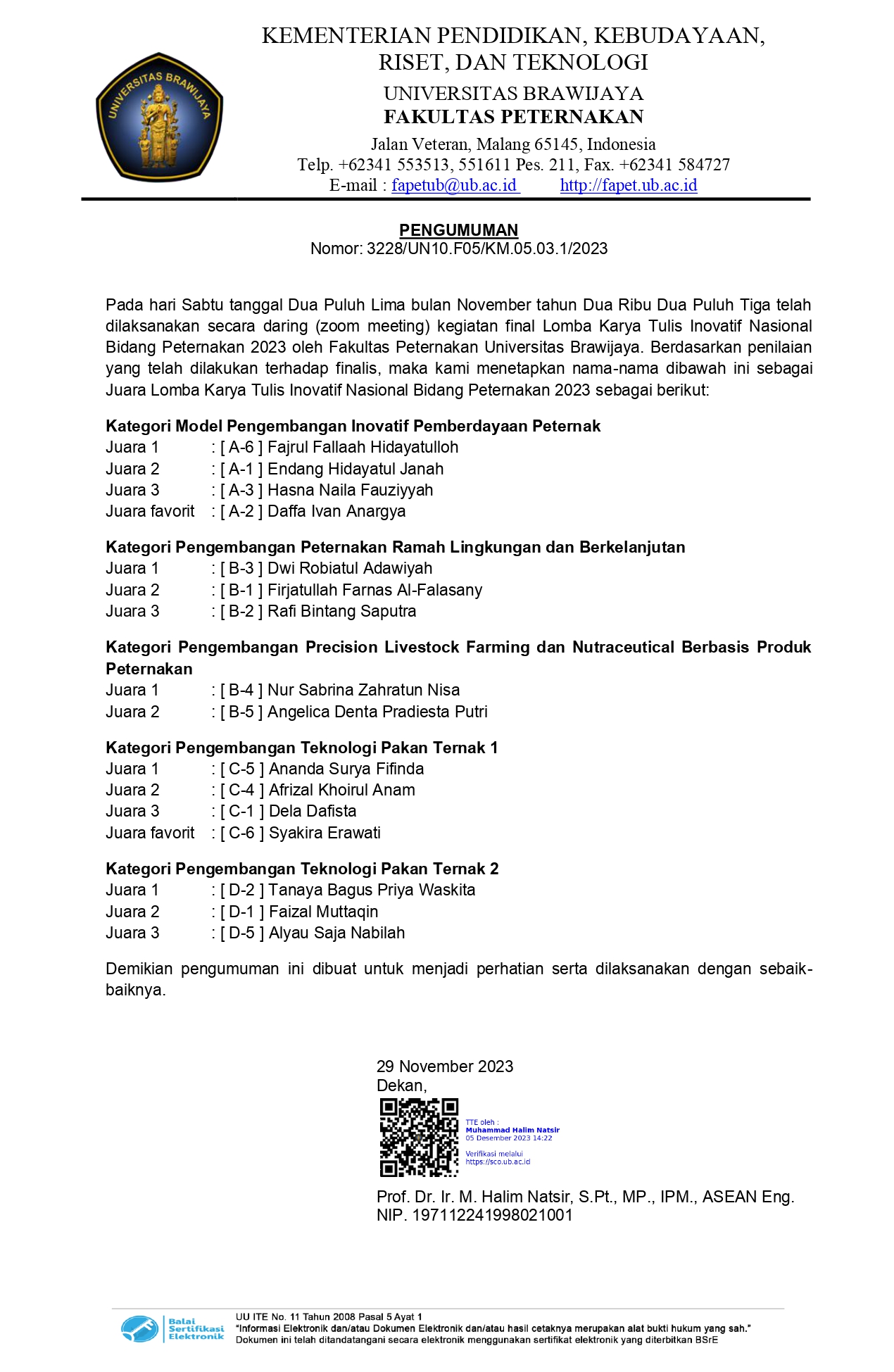 Pengumuman Juara Lomba Karya Tulis Inovatif Nasional  Bidang Peternakan 2023 oleh Fakultas Peternakan Universitas Brawijaya